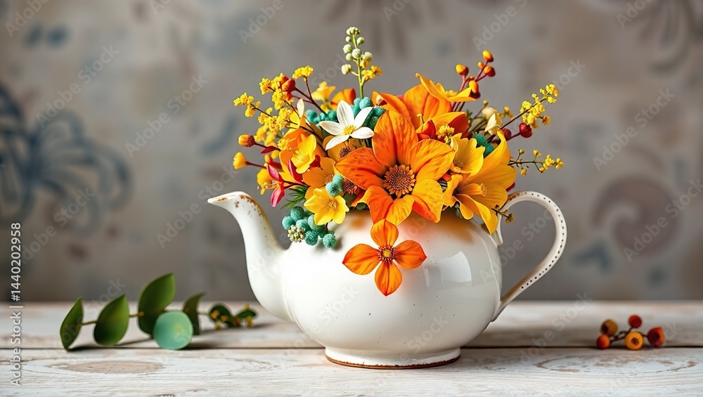 Vintage Teapot Adorned with Yellow, Teal, and Orange Flowers