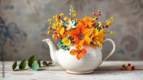 Obraz na płótnie Vintage Teapot Adorned with Yellow, Teal, and Orange Flowers w salonie