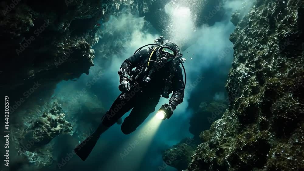 Underwater Cave Diver Exploring Dark Grotto. Underwater Cave Diver Exploring Dark Grotto.
