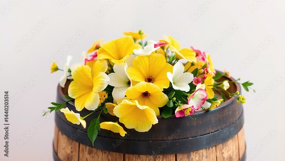 Yellow and White Flowers on Painted Wooden Barrel, Spring Decor