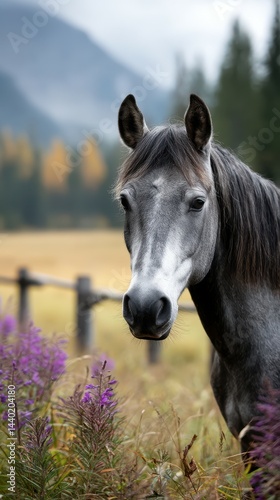 Beautiful gray horse standing among wildflowers in a tranquil mountain landscape during autumn