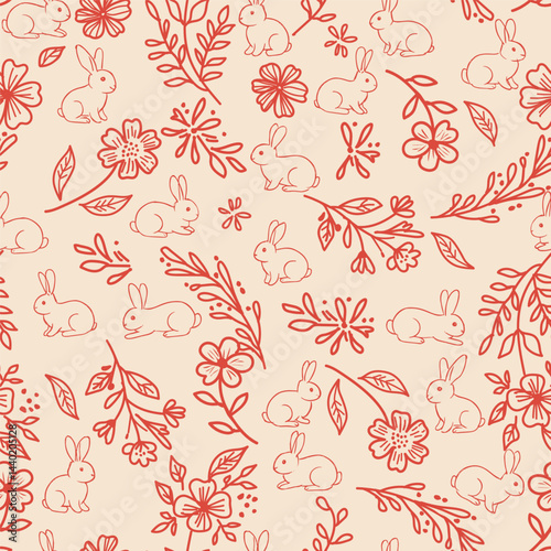 Happy Easter. Seamless pattern. Vintage vector illustration. Bunnies are among the flowers. Vector illustration