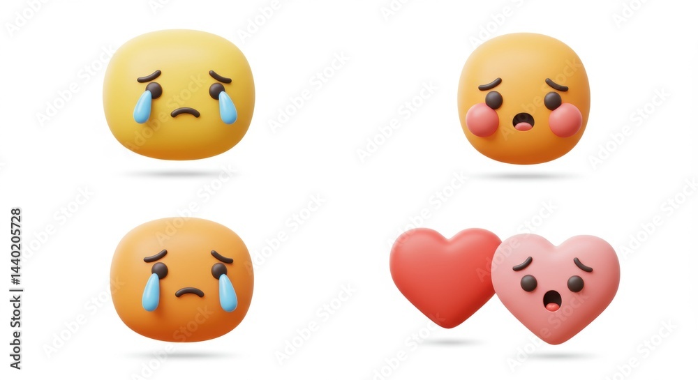 Sad Faces & Hearts: 3D Rendered Emotional Expression Set on White. Sad Faces & Hearts: 3D Rendered Emotional Expression Set on White.