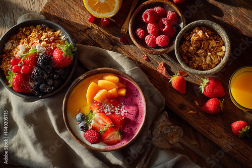 Wallpaper Mural Healthy green smoothie bowl topped with bananas, berries, melon, and oats Torontodigital.ca