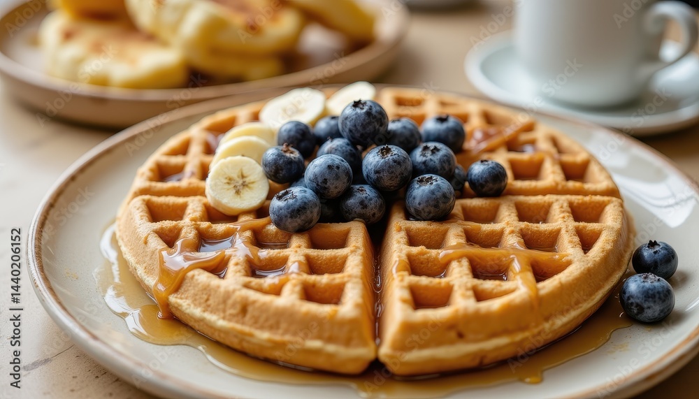 Delicious waffle with fruit and syrup Delicious waffle with fruit and syrup