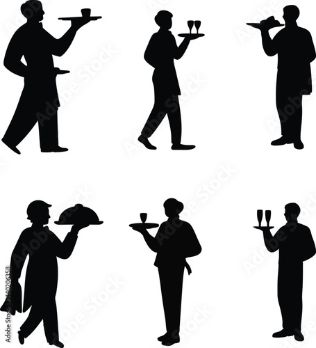 black silhouette of a waiter, vector art illustration.
