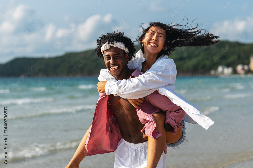 Romantic interracial couple enjoying a tropical honeymoon on a beach, embracing love and happiness