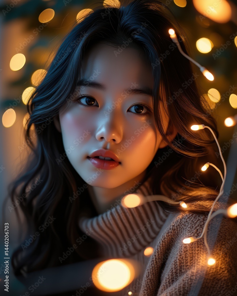 A young woman with soft waves in her dark hair, surrounded by warm, glowing fairy lights, gazes softly at the camera in a cozy, intimate setting.
