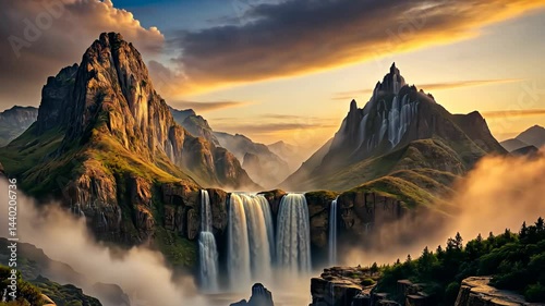 Majestic waterfalls cascade through lush valleys under a stunning sunset in a serene mountain landscape Generative AI