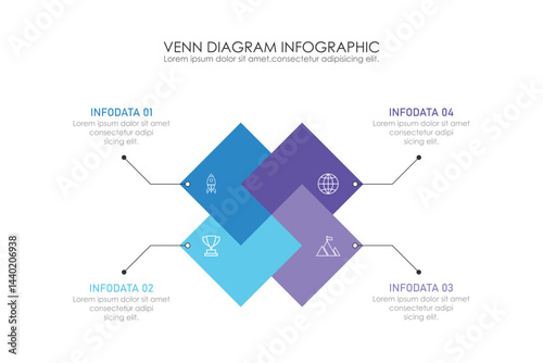 Infographic Venn diagram chart template for business 3 parts, options, presentation with venn diagram elements vector illustration.
