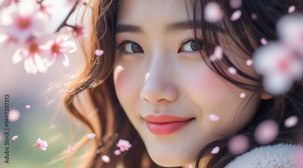 A young woman smiles softly among blooming cherry blossoms, her face framed by falling pink petals in gentle sunlight.
