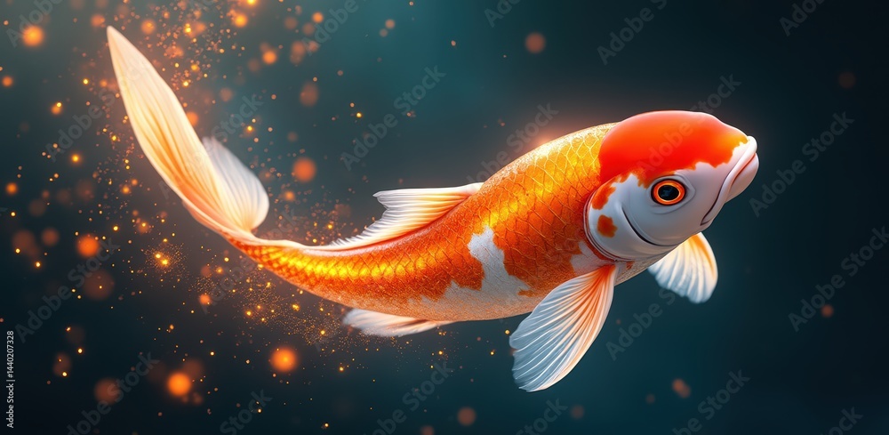 A vibrant orange and white koi fish swims gracefully in dark water, illuminated by glowing particles.