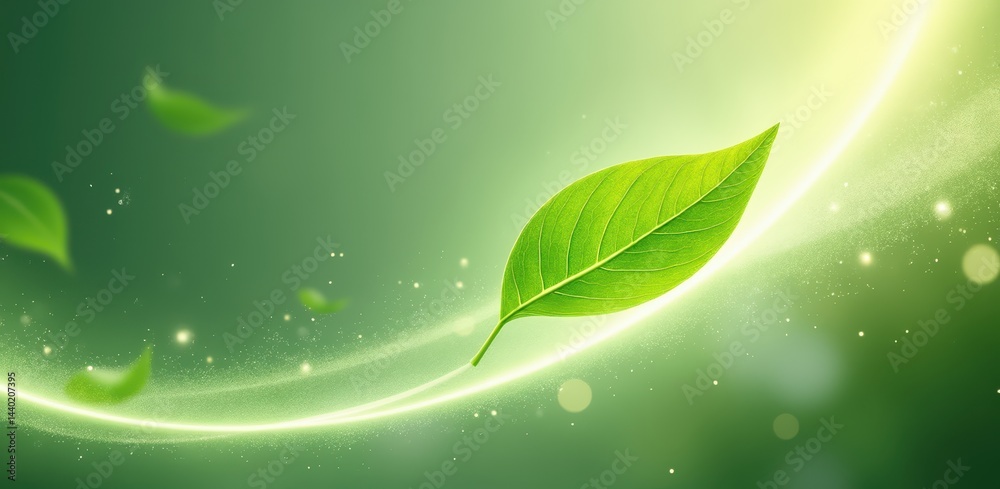 A fresh green leaf floats on a glowing, abstract green background, symbolizing nature, growth, and environmental harmony.