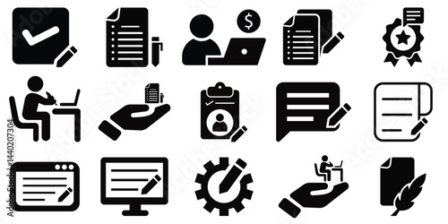 Copywriting and Content Creation Icon Set — SEO, Marketing, Storytelling, Creative Writing, 
Branding — Solid and Outline Vector Collection