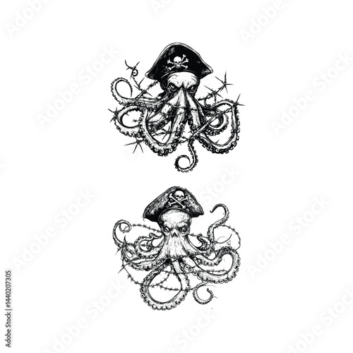 Octopus wearing a classic pirate hat design vector template illustration