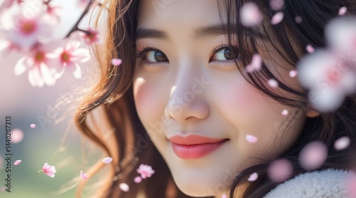 Obraz na płótnie A young woman smiles softly among blooming cherry blossoms, her face framed by falling pink petals in gentle sunlight. w salonie