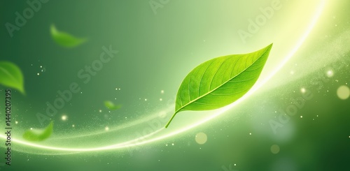 A fresh green leaf floats on a glowing, abstract green background, symbolizing nature, growth, and environmental harmony.