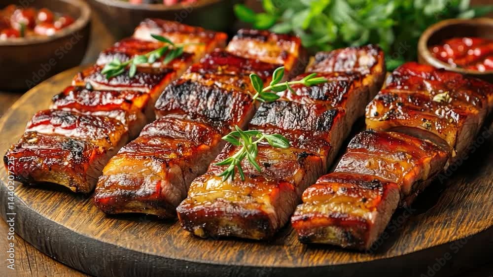 Grilled BBQ Ribs on Wooden Board.