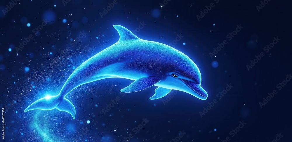 A glowing blue dolphin swims gracefully in a dark, starry underwater scene, radiating light and energy.