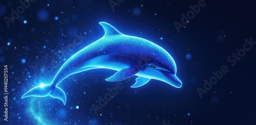 Obraz na płótnie A glowing blue dolphin swims gracefully in a dark, starry underwater scene, radiating light and energy. w salonie