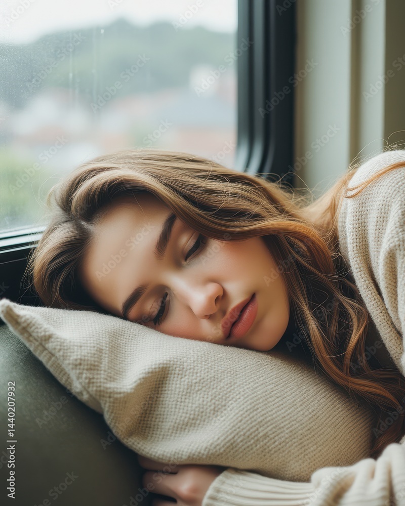 A young woman sleeps peacefully on a pillow by a window, with soft natural light enhancing the calm atmosphere.