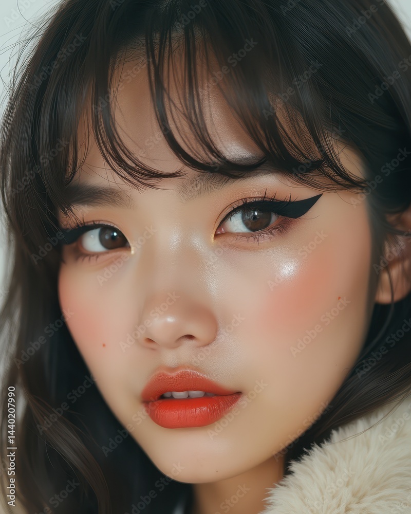 A young woman with flawless skin, bold eyeliner, and coral lipstick looks confidently at the camera.