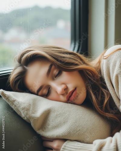 Obraz na płótnie A young woman sleeps peacefully on a pillow by a window, with soft natural light enhancing the calm atmosphere. w salonie