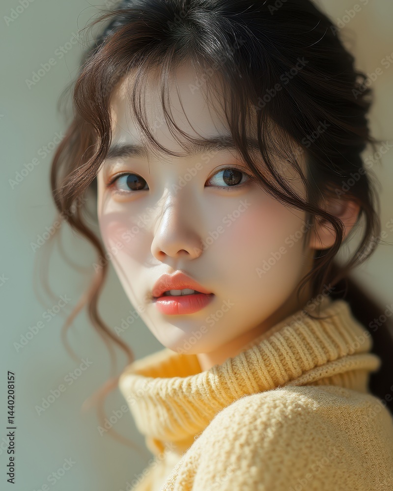 A young woman with natural makeup and wavy hair gazes softly at the camera, wearing a cozy yellow turtleneck sweater.