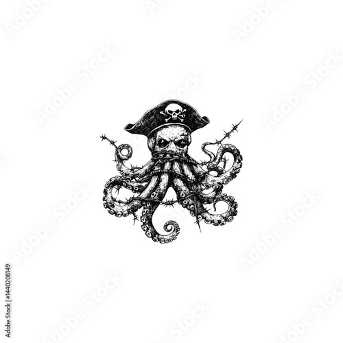 Octopus wearing a classic pirate hat design vector template illustration