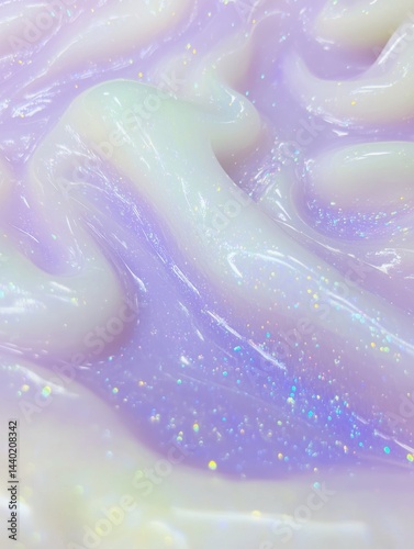 Background texture of thick creamy swirls in purple tones, filled with sparkling glitter and shimmering highlights. 