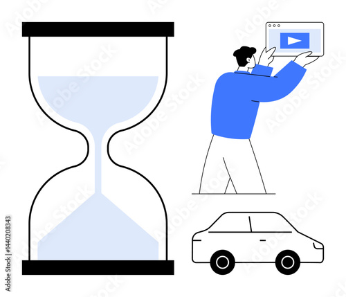 Hourglass symbolizing time, man holding a video interface, and a car icon suggesting mobility. Ideal for time management, productivity, e-learning, innovation, transport planning, content creation