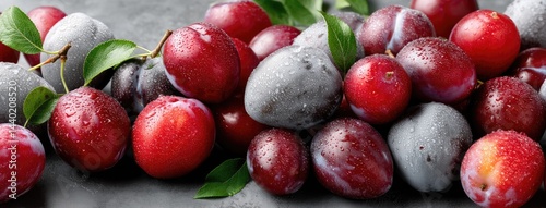 Top view showcases fresh plums with rich colors and intricate details, enhanced by natural lighting on a textured background