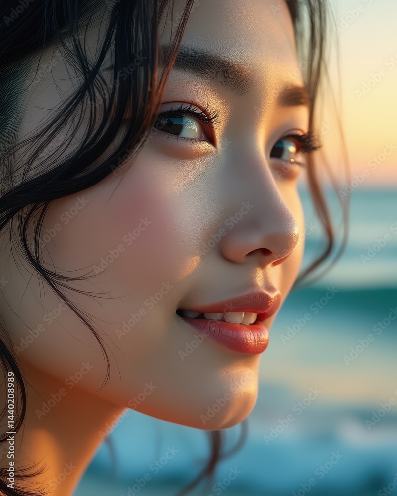 A woman smiles softly at sunset on the beach, her face glowing in the warm, natural light.