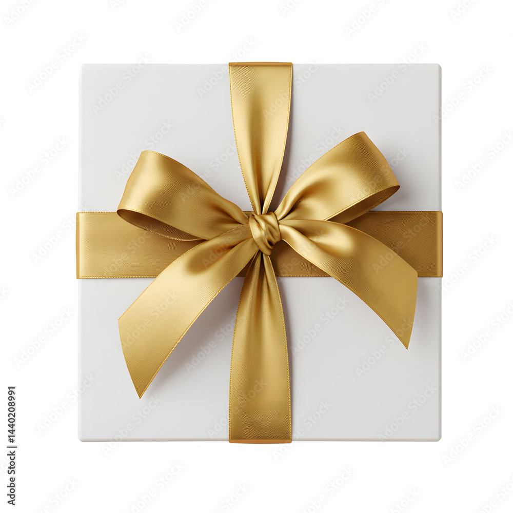 White gift box with Elegant golden ribbon and rElegant golden bow on white or transparent background, PNG White gift box with Elegant golden ribbon and rElegant golden bow on white or transparent background, PNG