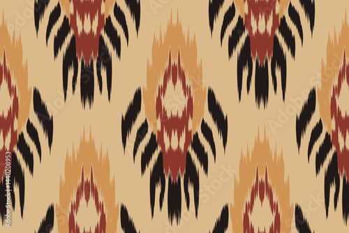 Seamless ikat pattern with bold black, red and mustard yellow ethnic tribal motifs. Traditional brushed texture. Ideal for fabric wallpapers, fashion prints and cultural decorations.