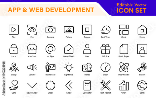 Professional App Web Development Icons – Modern Outline Vector Set for UI, UX, Programming, Websites, Coding, Digital Products, and Software