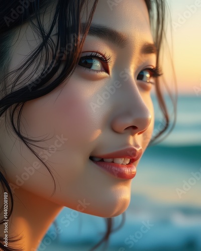 Obraz na płótnie A woman smiles softly at sunset on the beach, her face glowing in the warm, natural light. w salonie