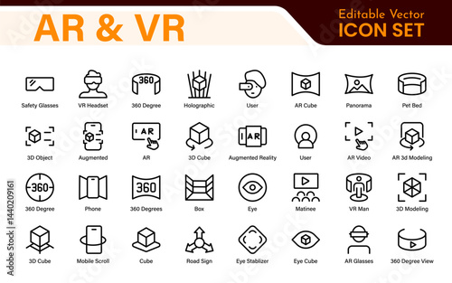 AR VR Line Icon Set – Minimal Vector Outline Illustrations for Augmented Reality, Virtual World, Futuristic Tech, Gaming, Metaverse, UX Design