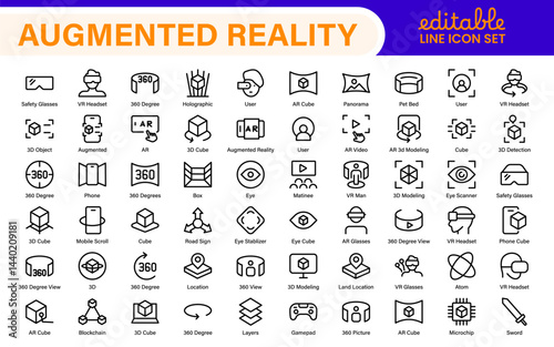 AR VR Line Icon Set – Minimal Vector Outline Illustrations for Augmented Reality, Virtual World, Futuristic Tech, Gaming, Metaverse, UX Design