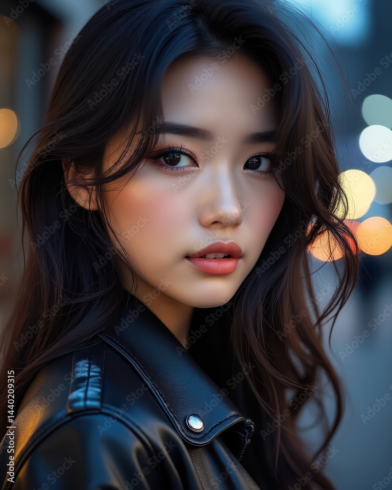 A young woman with long dark hair and glowing skin gazes confidently at the camera, wearing a black leather jacket against a city backdrop with blurred evening lights.