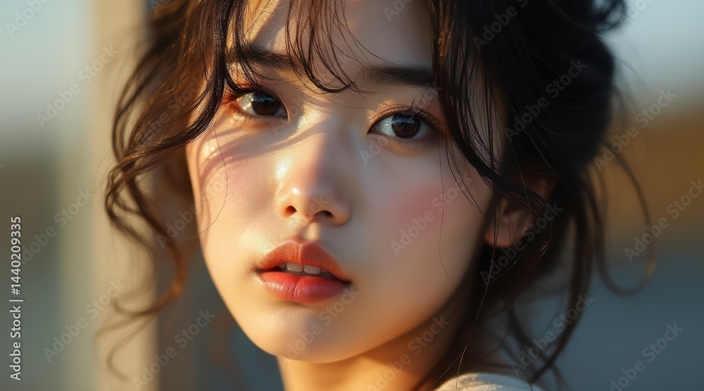 A young woman with soft, natural makeup gazes into the camera, her face softly illuminated by warm natural light.