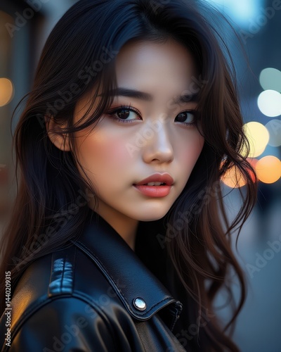 Obraz na płótnie A young woman with long dark hair and glowing skin gazes confidently at the camera, wearing a black leather jacket against a city backdrop with blurred evening lights. w salonie