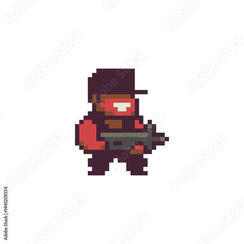 Man with gun character with a gun. Pixel art 80s style. Isolated vector illustration. 
