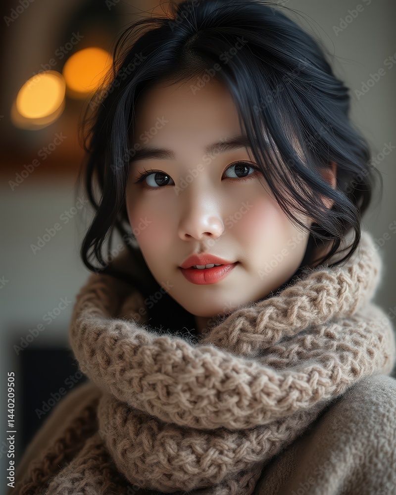 A young woman with dark hair wears a cozy, chunky knit scarf, softly lit in a warm, indoor setting.