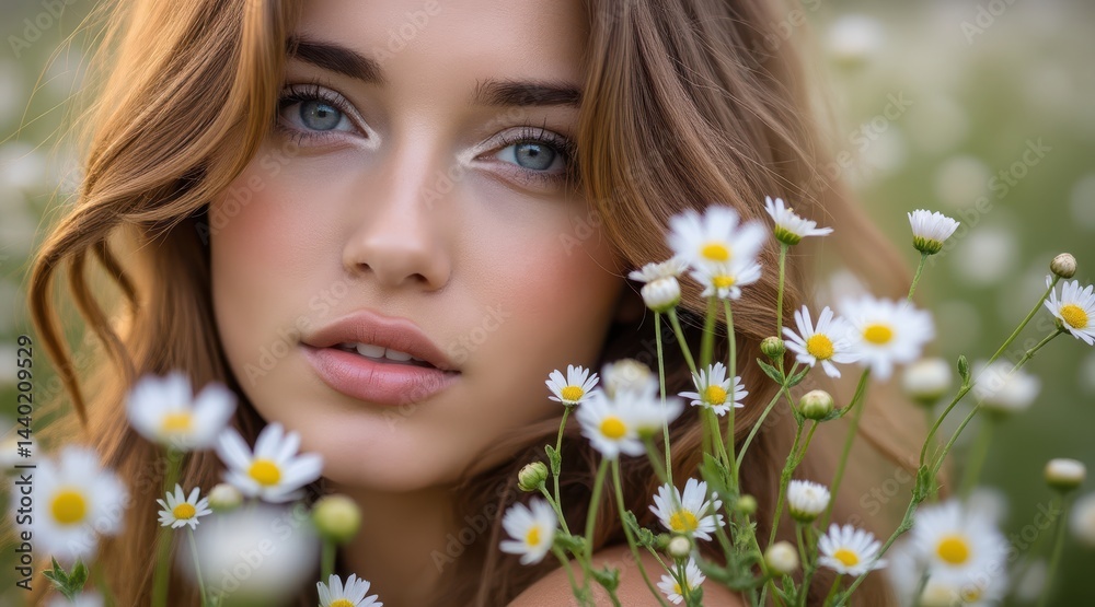 A young woman with blue eyes among blooming daisies in a sunlit field.