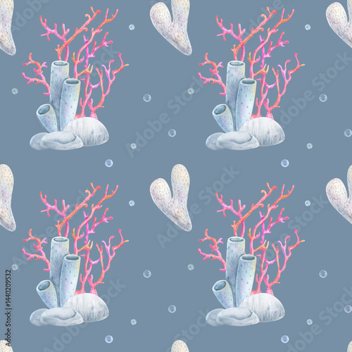 Seamless watercolor pattern of coral reef elements with pink corals, tube sponges, and sea stones on a blue background. Perfect for marine designs, fabrics, and packaging.