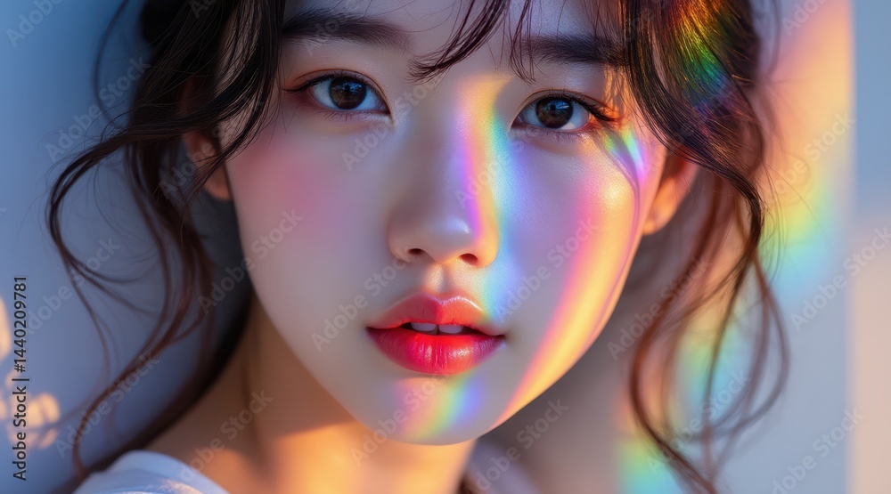 A young woman with glowing skin and soft makeup is bathed in colorful rainbow light across her face.