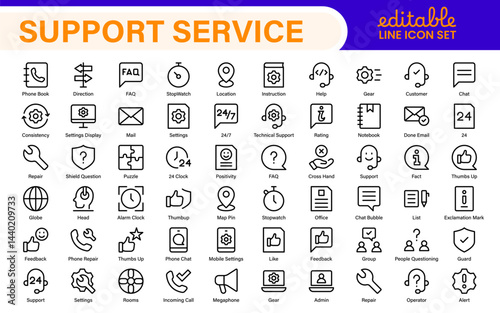 Support and customer service outline style modern icons set. Customer Feedback, Response, experience, helpline and technical support icon illustration