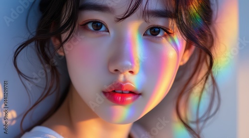 Obraz na płótnie A young woman with glowing skin and soft makeup is bathed in colorful rainbow light across her face. w salonie
