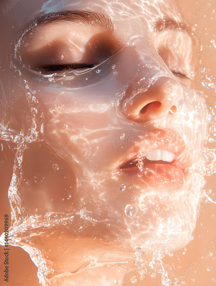 Fototapeta premium Luxury skincare flat lay photography, peLuxury skincare flat lay photography, pearlescent hydrogel sheet mask with visible hyaluronic acid essence droplets, placed on soft pink silk fabric with fresh